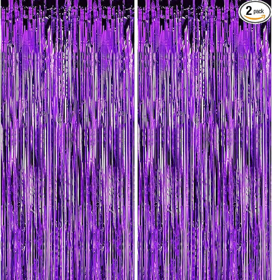 2 Pack 3.28 ft x 6.56 ft Purple Tinsel Curtain Party Backdrop - Metallic Foil Tinsel Fringe Backdrop Door Fringe for Birthday Graduation Wedding Party Photo Backdrop.