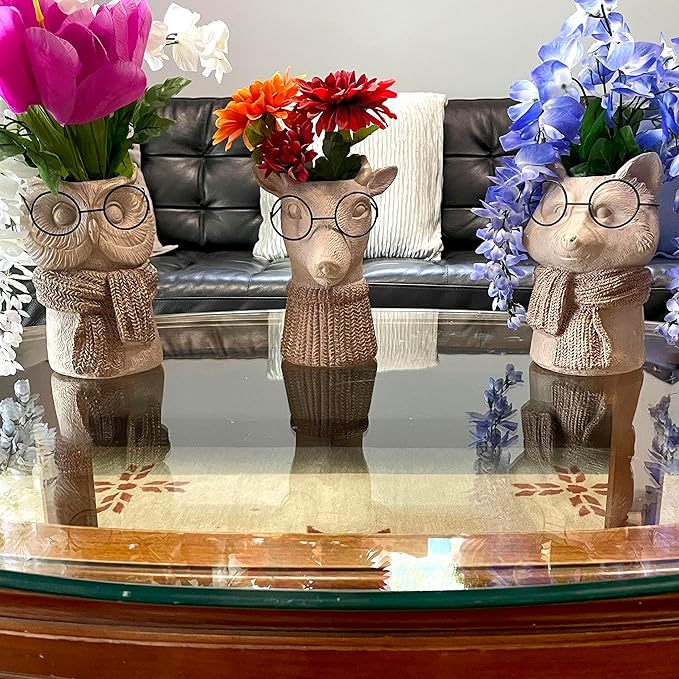Bespectacled Owl Cement Vase 8.25 Inch – Whimsical Animal Planter with Real Glasses, Knit Textured Scarf, and Gold Metallic Accents, Distressed Taupe Finish, Unique Indoor Decor Gift