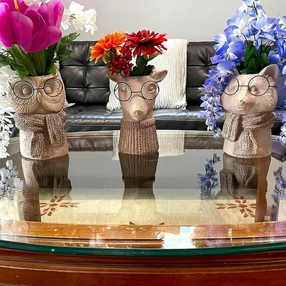 Set of 3 Bespectacled Animal Cement Vases – Fox, Owl, Deer, Gold Accents, Knit Textured Scarves, Real Wire Glasses, Whimsical Decorative Planters for Indoor Plants, Eclectic Gift for Home or Office