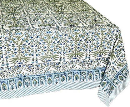 ATOSII Nargis Blue 100% Cotton Rectangle Summer Tablecloth, Indian Block Print Floral Table Cloth I Dining Parties Weddings Outdoors Holidays 60 X 108 Inches 8 Seater I Grandmillennial Farmhouse Boho