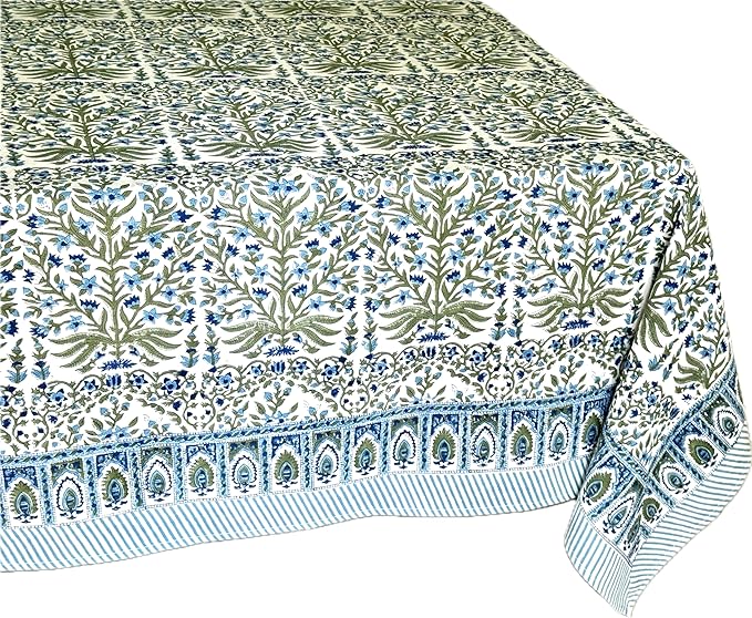 ATOSII Nargis Blue 100% Cotton Rectangle Summer Tablecloth, Indian Block Print Floral Table Cloth I Dining Parties Weddings Outdoors Holidays 60 X 90 Inches 6 Seater I Grandmillennial Farmhouse Boho