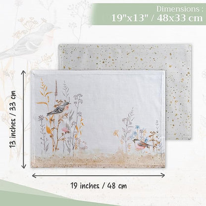 Maison d' Hermine Placemats Set of 4 100% Cotton Washable Cloth Place Mats, Reusable Table Mats for Kitchen Dining Decoration, Party, Restaurant Spring/Summer (Meadow Florals - Beige, 13" x 19")