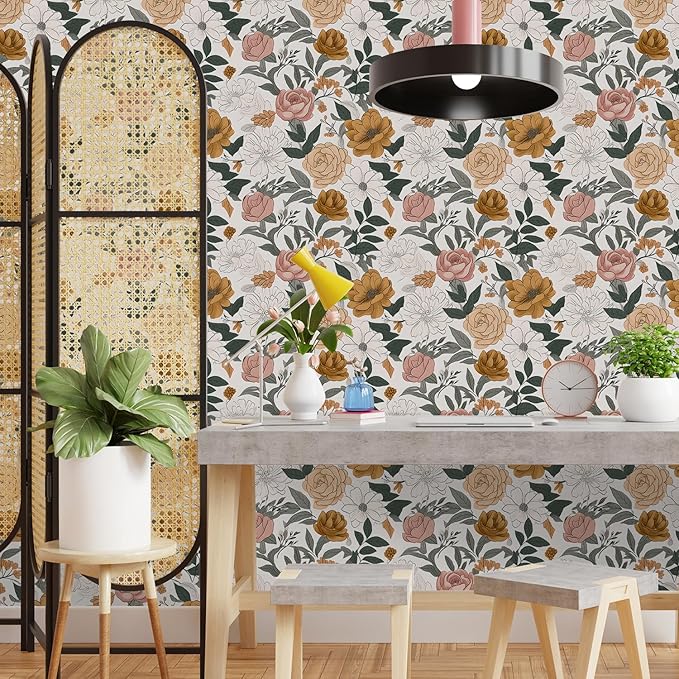 Vintage Peel and Stick Wallpaper,Boho Wall Paper Stick on Bcacksplash,17.3"x118" Contact Wallpapers,Wildflowers Botanical Papers,Removable&Renter Friendly Bright Floral Paper(1 Roll)