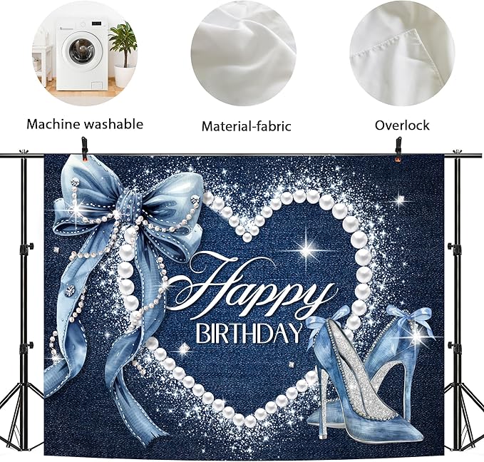 Denim and Diamonds Bow Backdrop 8Wx6H Photography Blue Coquette Silver High Heels Happy Birthday Banner for Women Girls Background Pearl Party Decorations Banner Photo Booth Props Supplies
