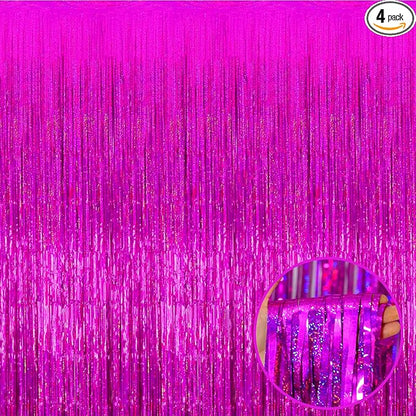 4 Pack Fuchsia Tinsel Foil Fringe Curtain Backdrop, 3.28Ft x 8.2Ft Metallic Streamers for Photo Booth Props Wedding Bridal Shower Bachelorette Birthday Halloween Christmas Party Decoration