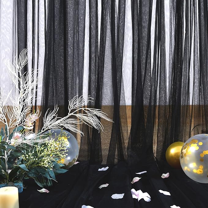 Black Backdrop Curtain Sheer Tulle Backdrop Curtain for Birthday Party Baby Shower Wedding Black Drapes for Backdrop for Photo Booth Photography Background Decorations 2 Panels 5ft X 10 ft