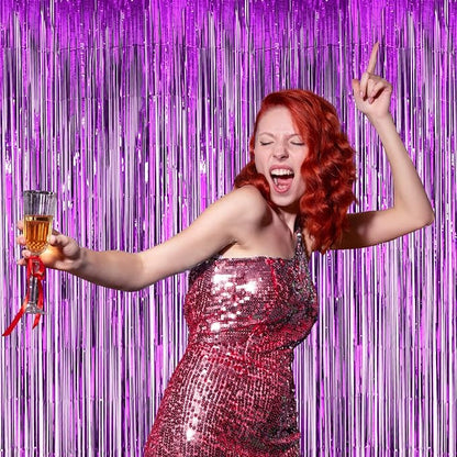 3 Pack 3.3x8.2 Feet Purple Foil Fringe Backdrop Curtains, Tinsel Streamers Birthday Party Decorations, Fringe Backdrop for Graduation, Baby Shower, Gender Reveal, Disco Party