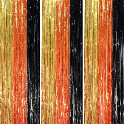 3 Pack 3.3 x 8.2 ft Black Gold Orange Foil Fringe Backdrop Curtains, Tinsel Streamers Party Decorations, Fringe Backdrop, Door Shimmer for Construction or Birthday Party