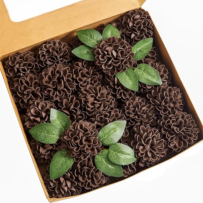 Artificial Flowers, 50pcs Artificial Rose for DIY Bouquets Arrangement, Brown Dahlia Flowers Foam Fake with Stems for Wedding Shower Party Floral Arrangements Tables Home Decorations