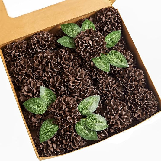 Artificial Flowers, 100pcs Artificial Rose for DIY Bouquets Arrangement, Brown Dahlia Flowers Foam Fake with Stems for Wedding Shower Party Floral Arrangements Tables Home Decorations