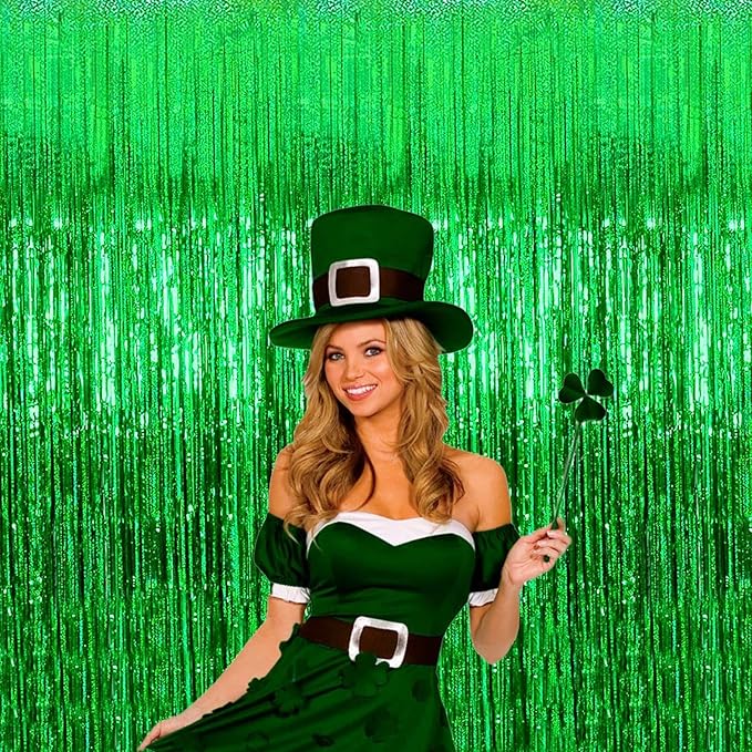 4 Pack Green Tinsel Foil Fringe Curtain Backdrop, 3.28Ft x 8.2Ft Metallic Streamers for Photo Booth Props Wedding Bridal Shower Bachelorette Birthday Carnival Easter Mother’s Day Party Decoration