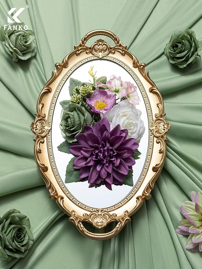 FANKO Artificial Flowers Green Rose, Mixed Combo Fake Silk Flowers White Rose Purple Dahlia Gradient Vintage Assorted Blooms for DIY Wedding Bridal Bouquets/Centerpieces/Home Decor