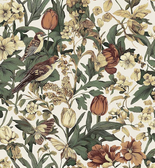 Erfoni 17.3" x197" Beige Retro Floral and Bird Contact Paper Vintage Peel and Stick Wallpaper for Bedroom DIY Self Adhesive Wall Paper Boho Floral Leaf Removable Wallpaper for Accent Wall Covering