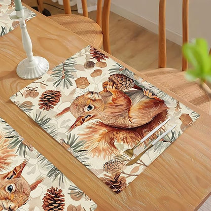 Squirrel Placemats Set of 6 Pine Cone Branch Fall Autumn Watercolor Table Mats Washable Place Mats for Home Party Indoor Kitchen Dining Table Decoration 12x18 Inch
