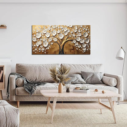 Large Wall Art for Living Room Bedroom Office Tree Art Wall Decor Gold Artwork Tree of Life Wall Art White Flower Framed Wall Decor Modern Canvas Prints 20x40 In