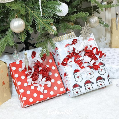 6" Metallic Glitter Red and White Self Adhesive Curly Ribbon Gift Wrap Bows for Christmas, Holiday, Birthday, Wedding, Presents, Party Favors Decorations 6-Count