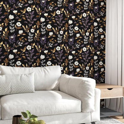 Dark Floral Wallpaper Peel and Stick Vintage Gold Leaf Contact Paper Black Floral Wallpaper Waterproof Self-Adhesive Wall Covering for Bedroom Countertop Desk Cabinets 17.4" x 118"