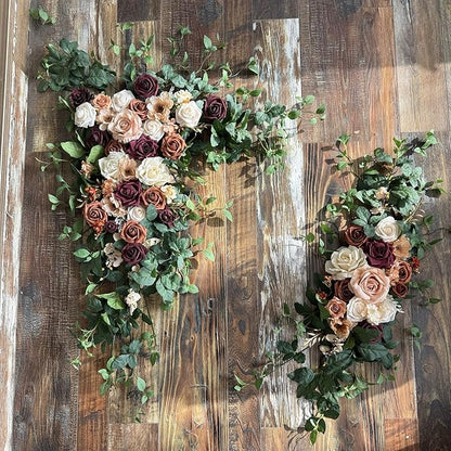 Wedding Arch Flowers with Drapes Kit (Pack of 5) - 2pcs Artificial Sunset Terracotta & Burgundy Deluxe Swag with 3pcs Sheer Drapes for Wedding Ceremony Arbor Reception Backdrop Decoration