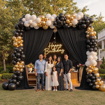 PartyVillage 50ft×15ft Black Backdrop Curtain for Wedding Parties, 10 Panels Wrinkle Free 15 FT Long Polyester Photo Backdrop Drapes Back Drop Cloth for Birthday Photography Background