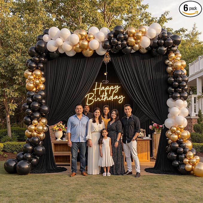 PartyVillage 30ft×15ft Black Backdrop Curtain for Halloween Parties, 6 Panels Wrinkle Free 15 FT Long Polyester Photo Backdrop Drapes Back Drop Cloth for Birthday Photography Background