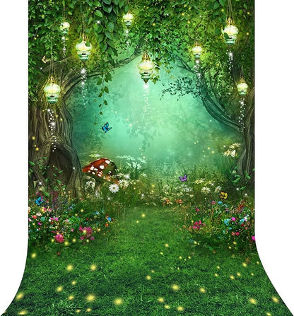 Riyidecor Enchanted Backdrop Polyester Fabric Wonderland Green Fairy Tale Butterfly Woodland Spring 6Wx8H Feet Dream Mushroom Photography Background Baby Shower Birthday Photo Studio Shoot