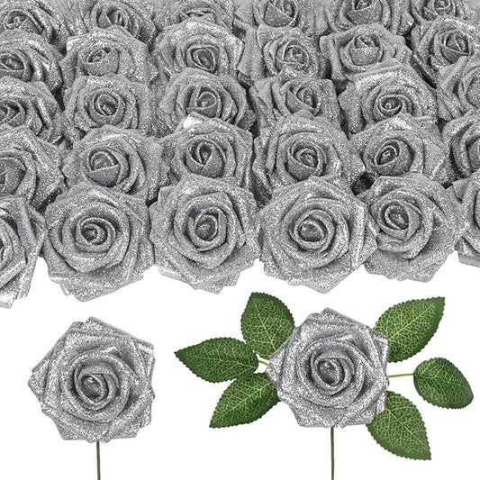 Artificial Roses 30PCS Silver Flowers 3.15" Glitter Roses Artificial Flowers with Stems for DIY Wreath Wedding Christmas Home Party Decor(Silver)