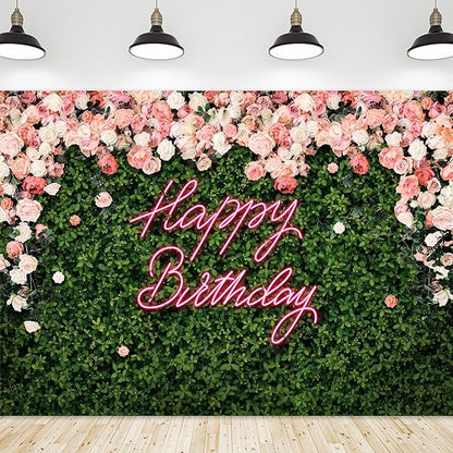 Riyidecor Happy Birthday Backdrop Backdrop Polyester Fabric Pink Rose Neon Flower Wall Green Leaves 5Wx3H Feet for Women Floral Blossom Photography Background Birthday Baby Shower Photo Studio Shoot