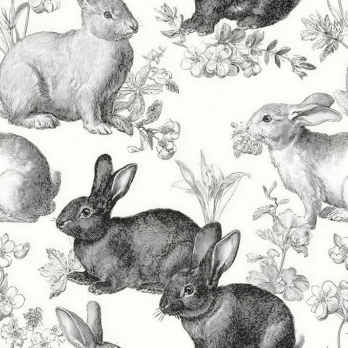 Floral Peel and Stick Vintage Animal Contact Paper Rabbit Removable Botanical Leaf Sketch Wallpaper 17.7" x 118.11" Wall Paper Self Adhesive for Classroom Bedroom Laundry Room Bathroom