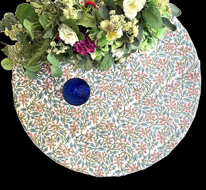 ATOSII Kalina 100% Cotton Spring Round Tablecloth, Handblock Print Floral Table Cloth for Kitchen Dining Linen I Parties, Weddings, Outdoors, Easter, Holidays I 60" Inches Round