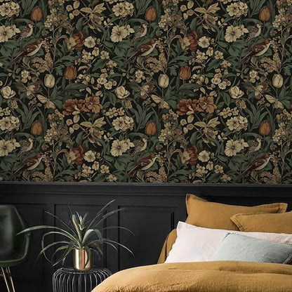 Erfoni 17.3" x197" Retro Floral and Bird Contact Paper Vintage Peel and Stick Wallpaper for Bedroom Decorative Self Adhesive Wall Paper Boho Floral Leaf Removable Wallpaper for Accent Wall Covering