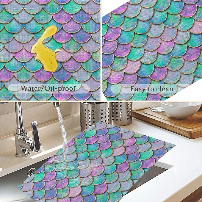 Mermaid Purple Placemats Set of 6,Washable Heat Resistant 12×18 Inch Linen Table Mats Fish Scales Place Mats for Party Outdoor Dining Décor