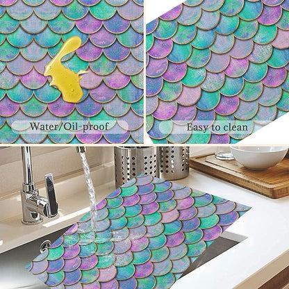 Mermaid Purple Placemats Set of 6,Washable Heat Resistant 12×18 Inch Linen Table Mats Fish Scales Place Mats for Party Outdoor Dining Décor