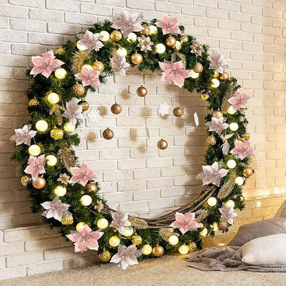 Boao 24 Pieces Christmas Artificial Glitter Poinsettia Flowers Xmas Flowers Wedding Christmas Tree New Year Ornaments(Champagne and Rose Gold)