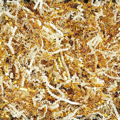 Uptotop 1 LB Crinkle Cut Paper Shred Filler for Gift Wrapping Basket Filling, Birthday, Christmas, Thanksgiving, Wedding, Mother's Day, White and Gold