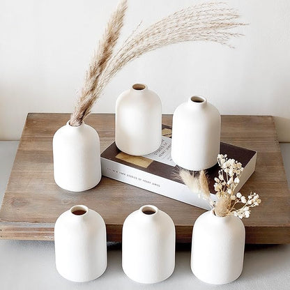 Carrot's Den - Set of 6 White Mini Ceramic Vases for Home Decor | Boho Bud Vases in Bulk for Dry Flowers + House Plants | Wedding, Home, Centerpiece, Modern, Japandi, Farmhouse, Minimalist