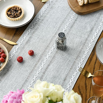 Artoid Mode Grey Rustic Cotton Linen Table Runner, Seasonal Embroidered Hollow Kitchen Dining Table Decoration for Home Party Decor 13x90 Inch