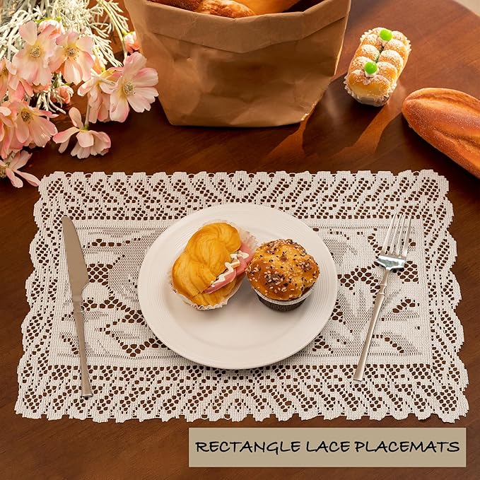 Jayla 4 Pcs Rectangle Lace Placemats for Tables Embroidered Lace Tablemats Vintage Crochet Floral Table Runner Vintage Wedding, Tea Party Decor,12x17 Inch
