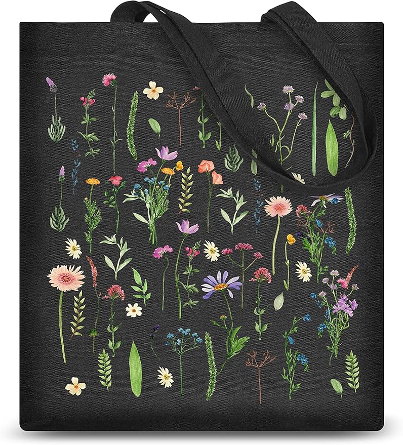 AUSVKAI Cute Canvas Tote Bag Aesthetic For Women College Grocery Bag Cotton Cloth Beach Totes Gift-Black Flowers
