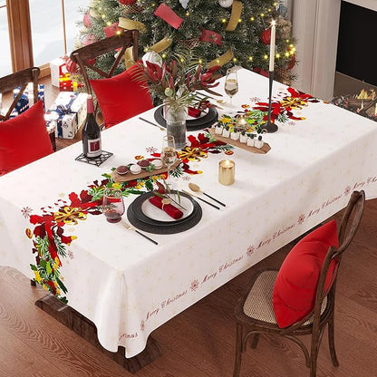 Christmas Rectangle Table Cloth,100% Waterproof Tablecloth,Christmas Decorations for Home, Vinyl Tablecloth Plastic Table Cover for Party，Picnic,Dining,Outdoor 54" x 120",Frosted Wreath