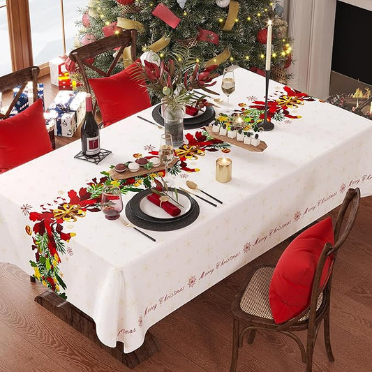 Christmas Rectangle Table Cloth,100% Waterproof Tablecloth,Christmas Decorations for Home, Vinyl Tablecloth Plastic Table Cover for Party，Picnic,Dining,Outdoor 54" x 120",Frosted Wreath