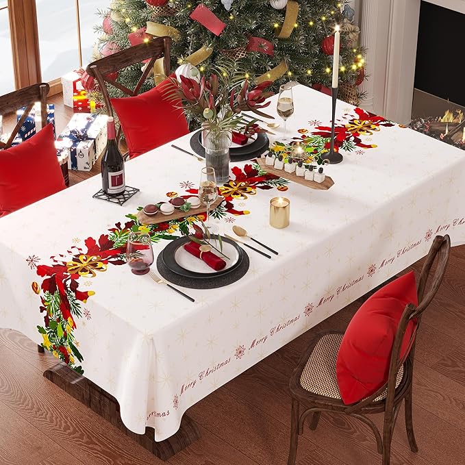 Christmas Rectangle Table Cloth,100% Waterproof Tablecloth,Christmas Decorations for Home, Vinyl Tablecloth Plastic Table Cover for Party，Picnic,Dining,Outdoor 52" x 70",Frosted Wreath