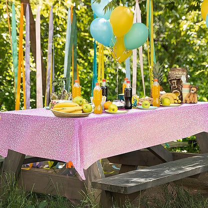 4 pcs Pale Pink Holographic Laser Tablecloths Light Pink Shiny Table Covers 40" x 108" Disposable Rectangle Table cloths for Girl Birthday Party Wedding Anniversary Bachelorette Baby Shower Décor