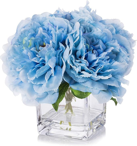 Enova Home Silk Peony Flowers Arrangements in Cube Glass Vase with Faux Water for Home Table Wedding Centerpiece Decoration (Blue)