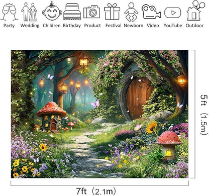 Riyidecor Fairy Backdrop Polyester Fabric Enchanted Garden Wonderland Woodland Mushroom Floral Flower Butterfly 7Wx5H Feet Nature Baby Shower Photography Background Birthday Photo Studio Shoot