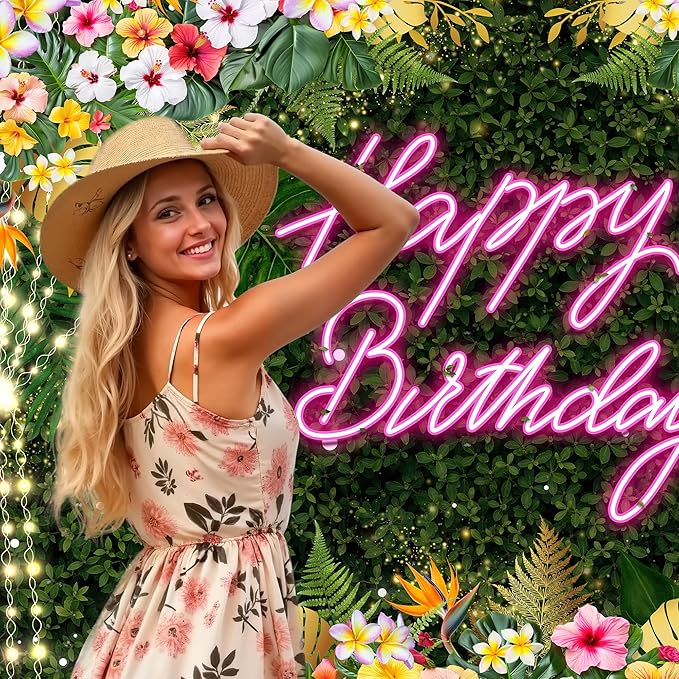 Riyidecor Happy Birthday Backdrop for Women Fabric Floral Green Leaves Pink Neon Girl Summer Hawaii Flower Plant 7Wx5H Feet Lights Botanical Photography Background Birthday Photo Studio Shoot