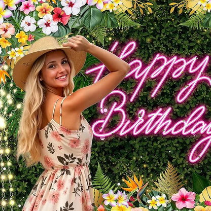 Riyidecor Happy Birthday Backdrop for Women Fabric Floral Green Leaves Pink Neon Girl Summer Hawaii Flower Plant 7Wx5H Feet Lights Botanical Photography Background Birthday Photo Studio Shoot