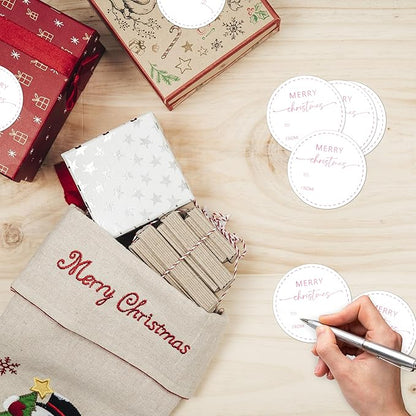 Pink Merry Christmas Gifts Tags Stickers, 30 Pcs Christmas Name Tags for Gifts, 2.5x2.5 Inch Holiday Presents Sticker Labels, Festive Chrismas Name Tag for Gift Wrapping Bags Classroom-D29