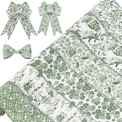 Lyrow 6 Rolls Chinoiserie Ribbon Sage Green Wired Edge Floral Ribbon Botanical Floral Flower Pattern Fabric Craft Wreath Bow Wrapping 2.52 Inches by 5 Yards