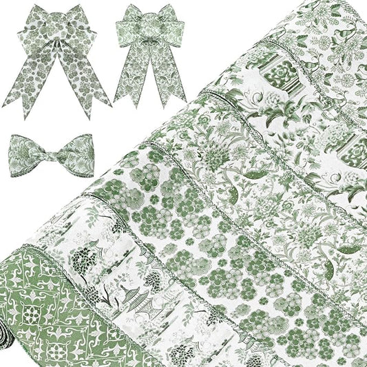Lyrow 6 Rolls Chinoiserie Ribbon Sage Green Wired Edge Floral Ribbon Botanical Floral Flower Pattern Fabric Craft Wreath Bow Wrapping 2.52 Inches by 5 Yards