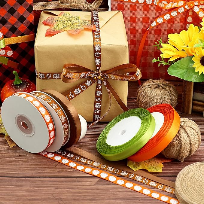 Stain Ribbon 6 Rolls Fall Harvest Thanksgiving Pumpkin Wrapping Ribbon 3/8 Inch x 150 Yards for Crafts Bows Decor